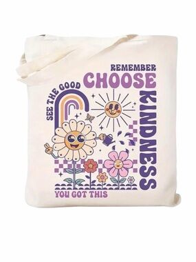 Choose Kindness Floral Graphic Canvas Tote - Cream & Purple New Without Tags
